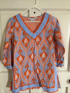 Gretchen Scott Designs Light Blue & Orange V-Neck Printed Tunic